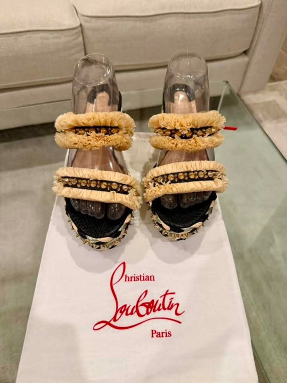 Christian Louboutin Voltinoudou Raffia Studded Wedge Sandals Size 40 (US9)